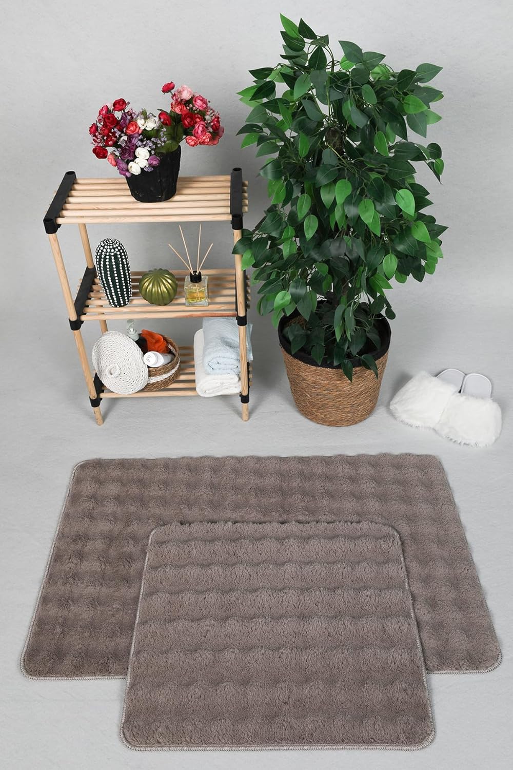 my evilla Modern Bubble Yıkanabilir Kaymaz Peluş Banyo Paspası Halısı 2'li Klozet Takımı 50x80-50x40cm Vizon