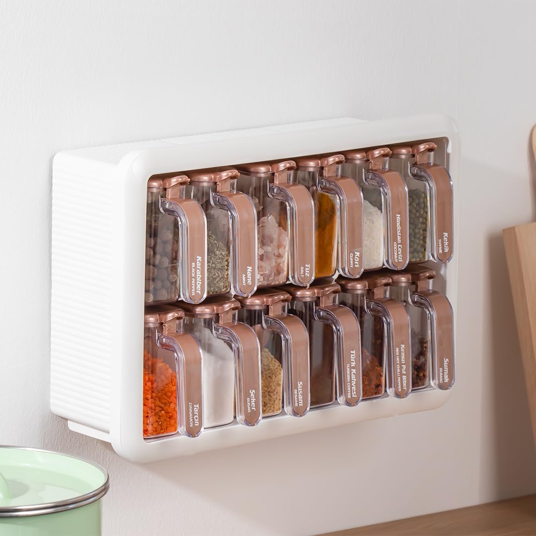 Porsima 1119 12li Standlı Kendinden Yapışkanlı Kaşıklı Kapaklı Baharatlık Saklama Kabı Seti - Beyaz Gold