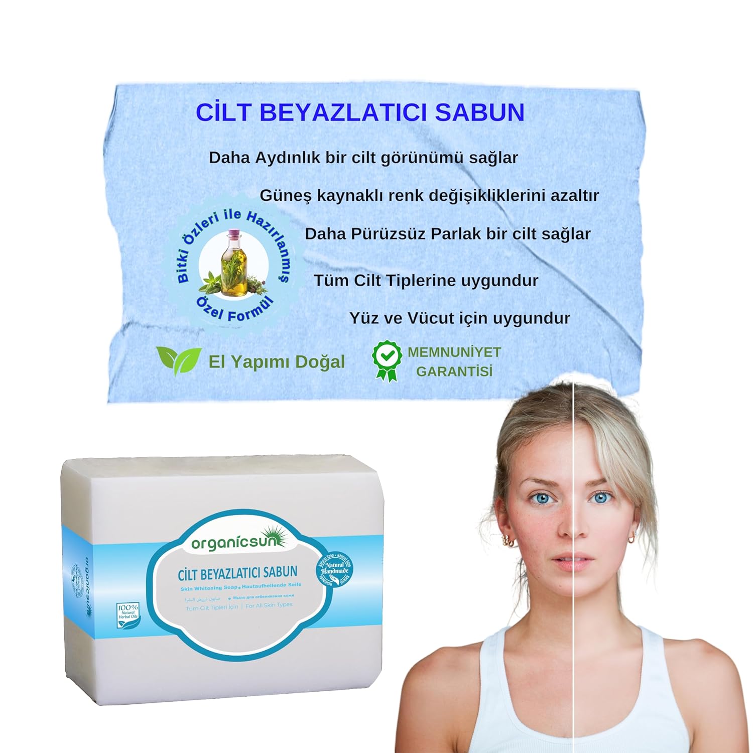 Organicsun Doğal Cilt Beyazlatıcı Sabun 140 Gr Tüm Cilt Tipleri İçin B ve E Vitaminli