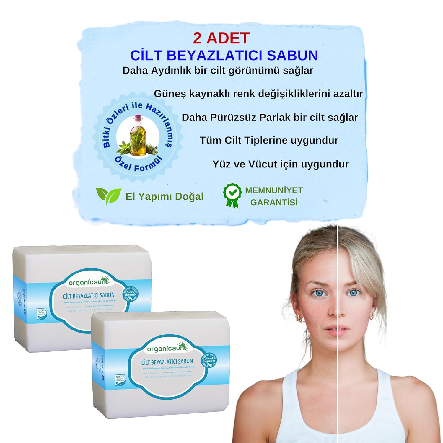 Organicsun Doğal Cilt Beyazlatıcı Sabun 140 Gr x 2 Adet Tüm Cilt Tipleri İçin B ve E Vitaminli