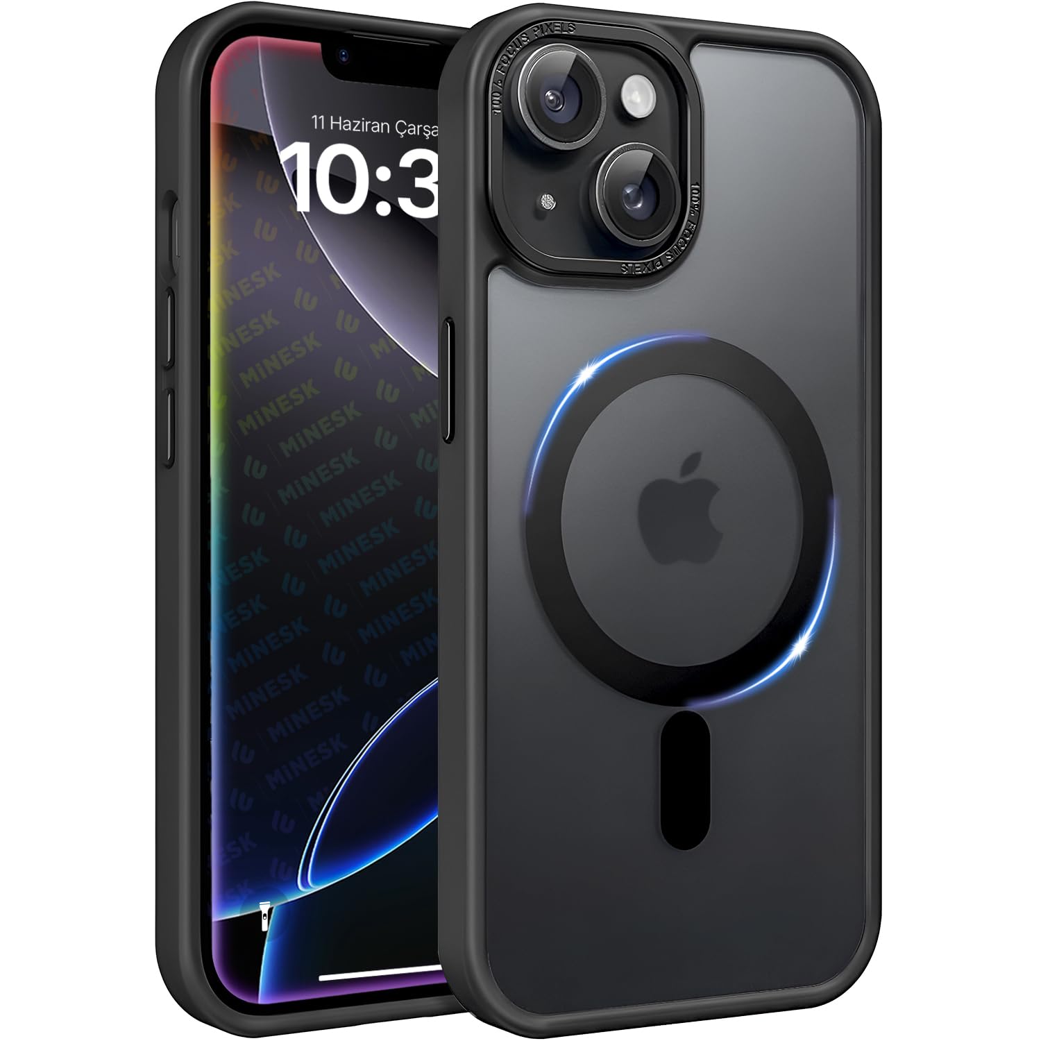 Minesk iPhone 13 ve 14 için Mattmag Serisi Magsafe ile Uyumlu Kablosuz Şarj Destekli Arkası Mat Silikon Kılıf Yükseltilmiş Lens Çerçeveli ve Metal Tuş Takımlı Ultra Güçlü Koruma Kılıf (Siyah, 13-14)