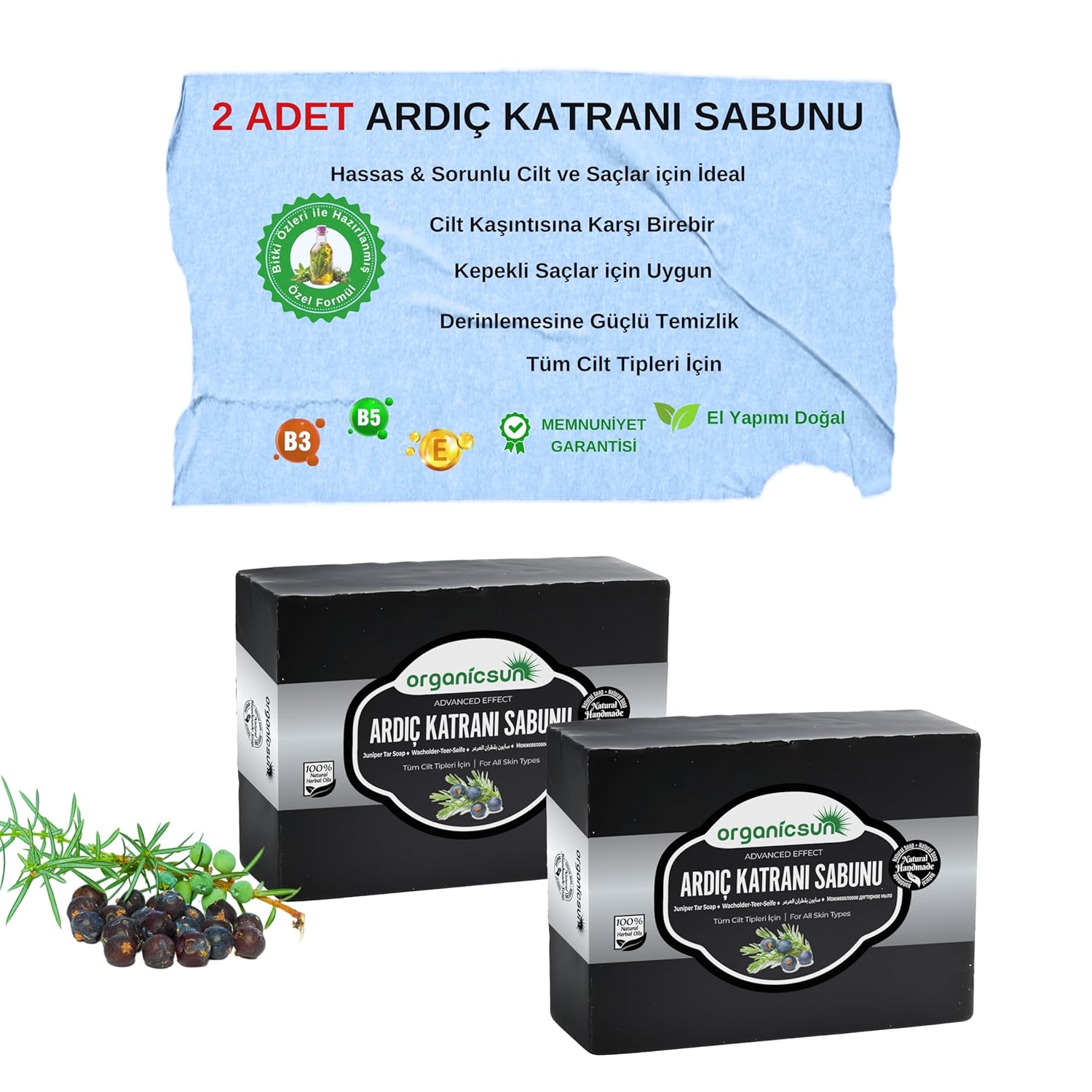 Organicsun Doğal Ardıç Katranı Sabunu 140 Gr x 2 Adet Tüm Cilt Tipleri İçin Antiseptik ve Yenileyici Etkili