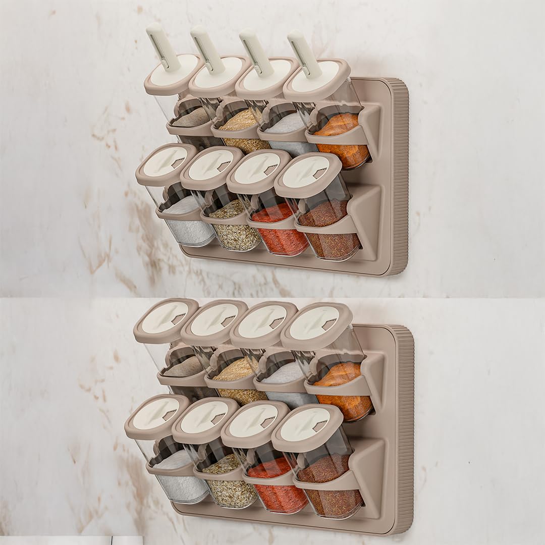 Porsima 1116 Standlı Kaydırmalı Kaşıklı 360° Döner Kapaklı Etiketli Baharatlık Seti - Erzak Saklama Kabı Cappuccino