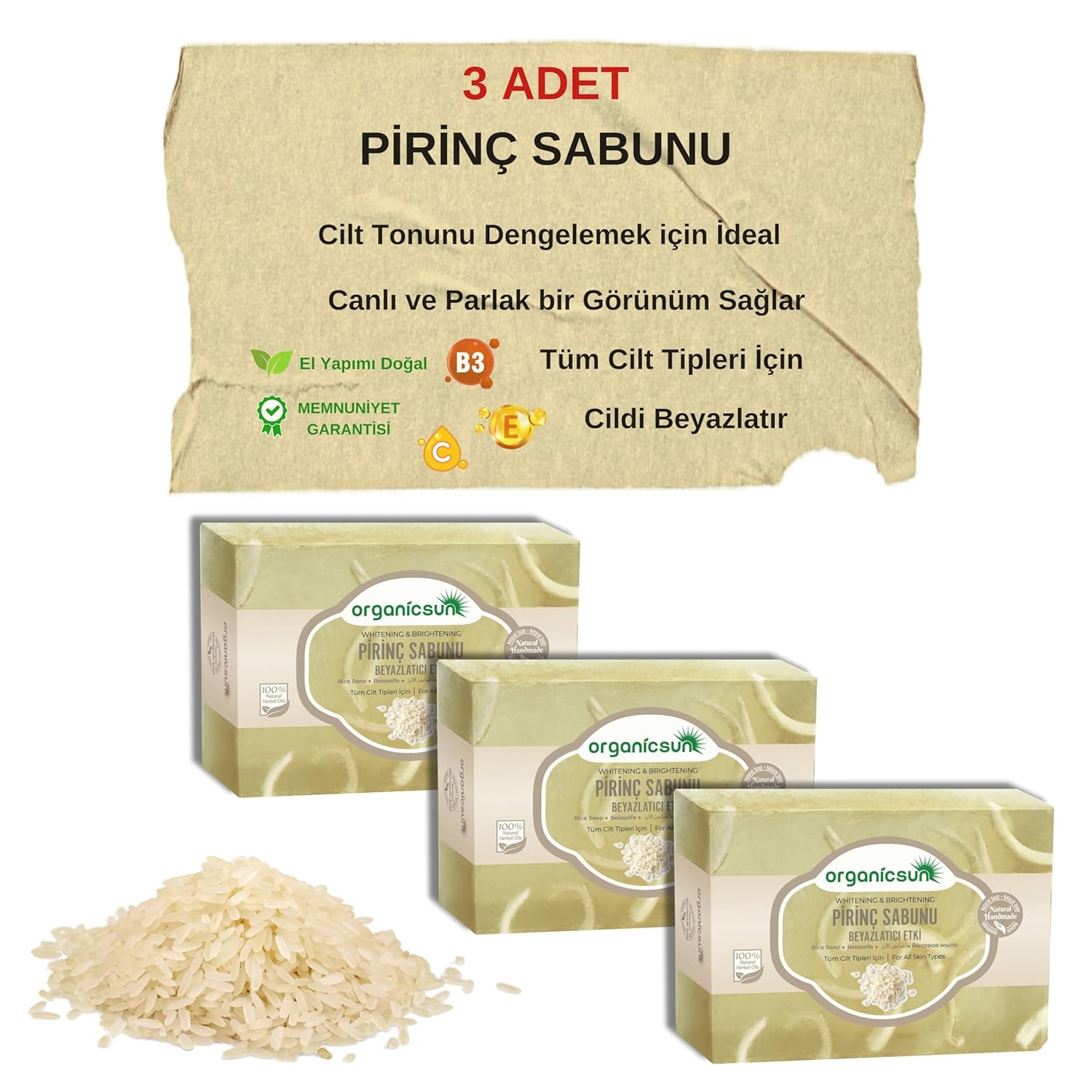 Organicsun Doğal Pirinç Sabunu 140 Gr x 3 Adet Tüm Cilt Tipleri İçin Beyazlatıcı Etkili