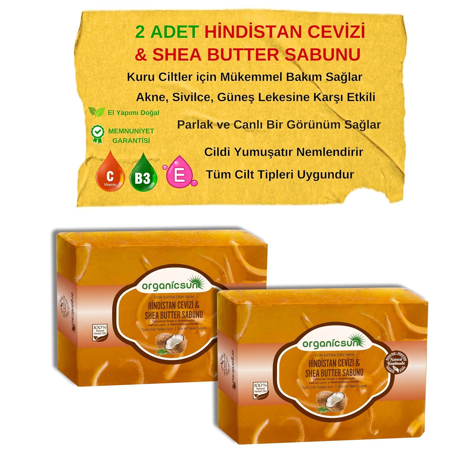 Organicsun Doğal Hindistan Cevizi & Shea Butter Sabunu 140 Gr x 2 Adet Tüm Cilt Tipleri İçin Besleyici ve Onarıcı Etkili