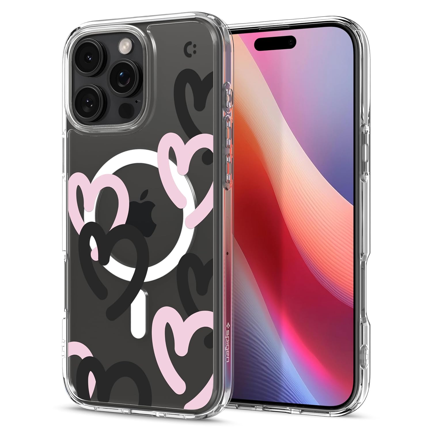 Spigen iPhone 16 Pro Max ile uyumlu ince MagSafe Kılıf Ultra Hybrid Sararma Karşıtı DuraClear Hava Kanalı Teknolojisi Askeri Sınıf Koruma MagFit Hearts Black Pink Tasarım Kapak - ACS08272