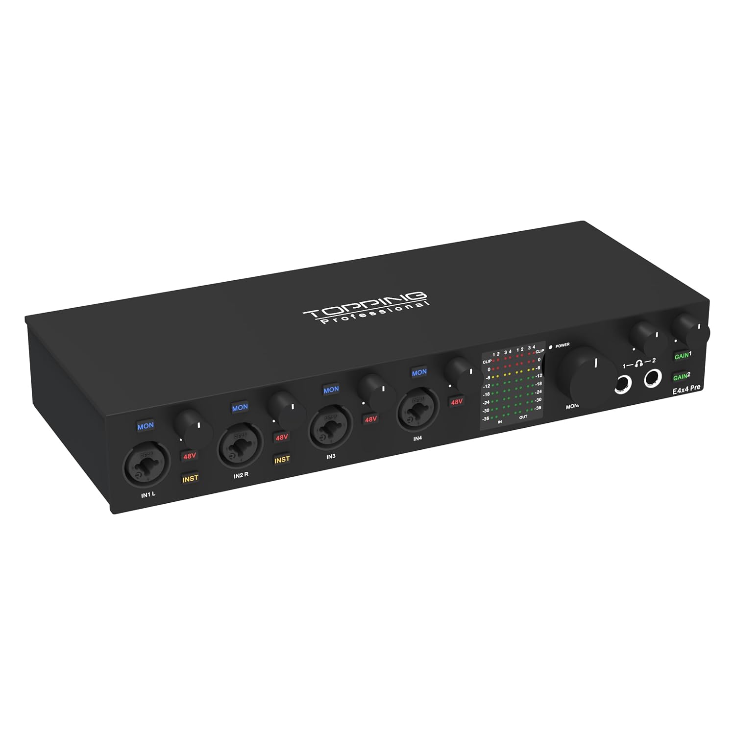 Topping Professional E4X4 Pre | Black Yüksek Kalite USB-C Ses Kartı: 4-Giriş/4-Çıkış 24Bit/192kHz, 8...600ohm arası kulaklıklara kadar kullanılabilir. (PC/MAC)