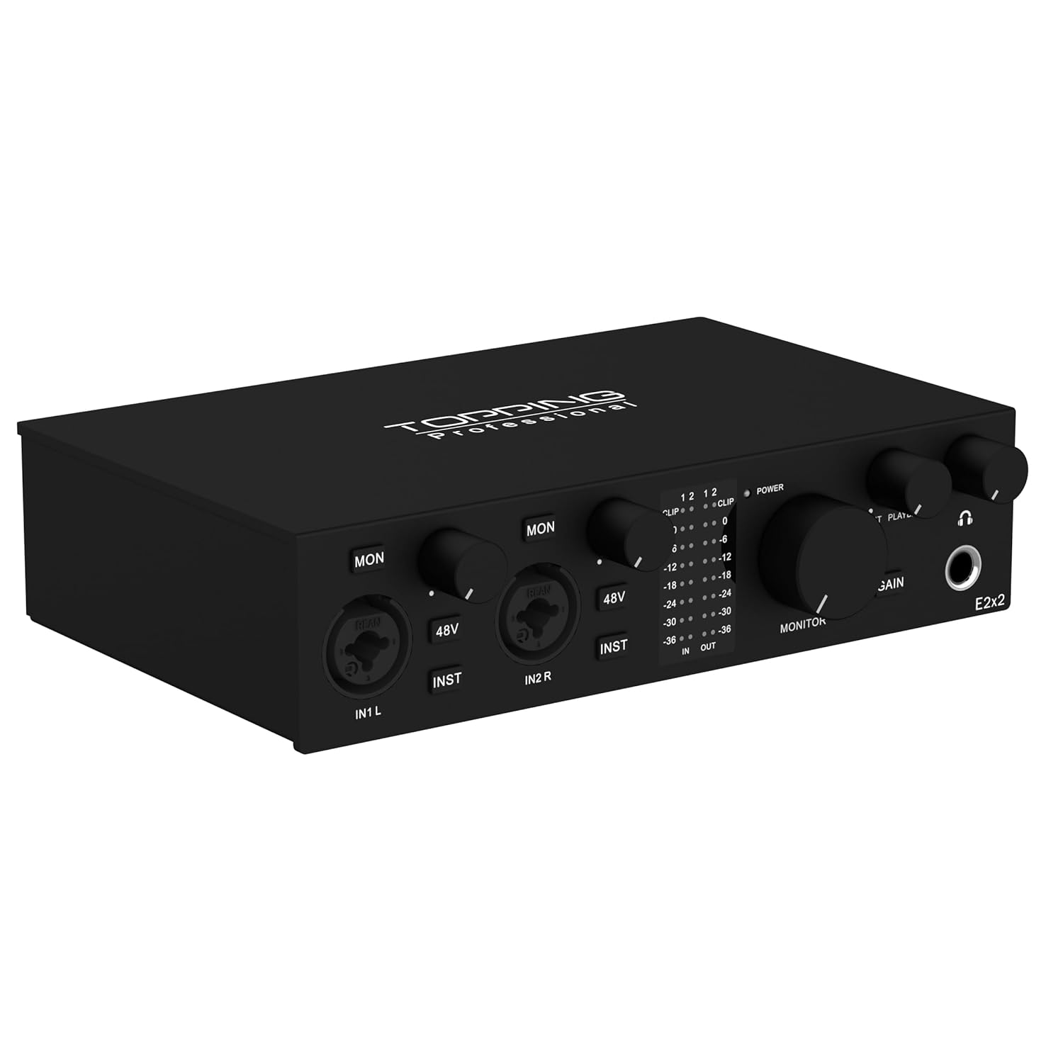 Topping Professional E2x2 | Black Yüksek Kalite USB-C Ses Kartı: 2-Giriş/2-Çıkış 24Bit/192kHz, 8...600ohm arası kulaklıklara kadar kullanılabilir. (PC/MAC)