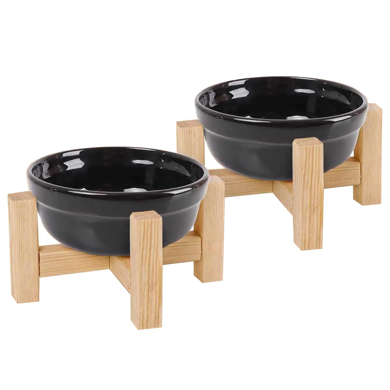 gobypet always the best Mama Kabı, Ahşap Kedi Mama Kabı, (iki adet), Kedi Mama Su Kabı, Ahşap Standlı Kedi Köpek Mama ve Su Kabı, Seramik Mama kabı (Siyah Seramik)