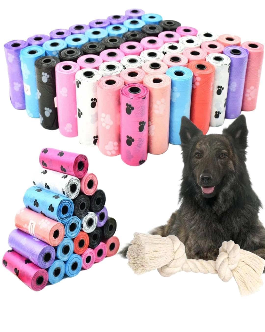 Kyrotech Köpek Kaka Poşeti, 8 Rulo Kaka Torbası, Pamuk Dental Oyun Ve Diş Halatı Hediye, Kokusuz, Dışkı Torbası, Halat Tüm Irklara Uygundur,120 Parça Poşet İçerir