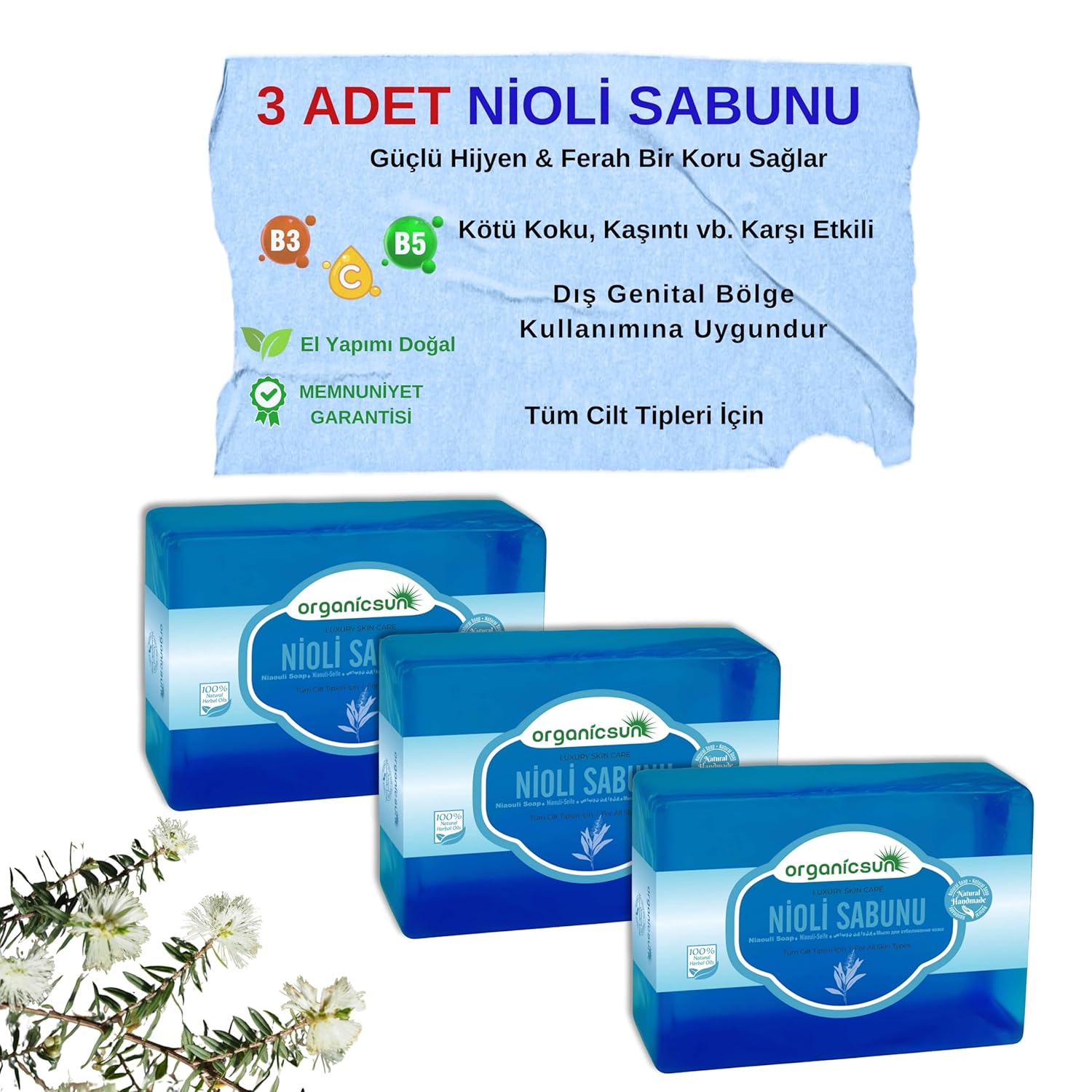 Organicsun Doğal Nioli Sabunu 140 Gr x 3 Adet Tüm Cilt Tipleri İçin Kötü Koku ve Kaşıntı Karşıtı Nioli Yağı Sabunu