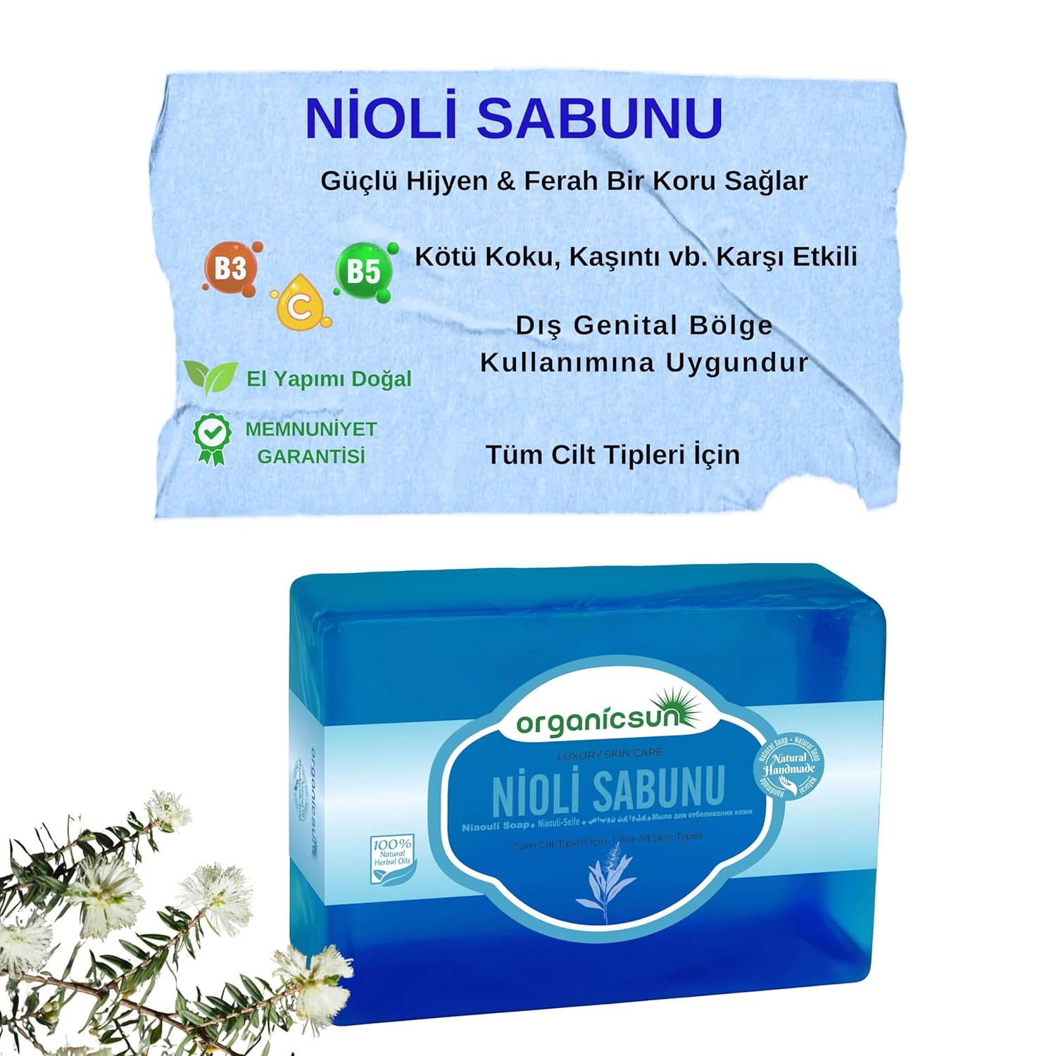 Organicsun Doğal Nioli Sabunu 140 Gr Tüm Cilt Tipleri İçin Kötü Koku ve Kaşıntı Karşıtı Nioli Yağı Sabunu