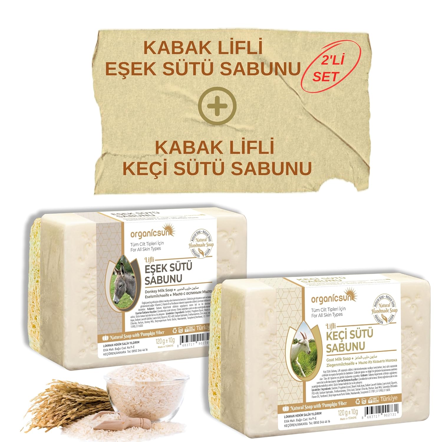 Organicsun Doğal Kabak Lifli Eşek Sütü Sabunu ve Kabak Lifli Keçi Sütü Sabunu 2'li Set