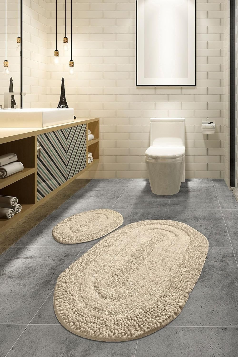 Chilai Home Macoronı Bej 2li Set Klozet Takımı Banyo Paspas Seti Halısı Cotton