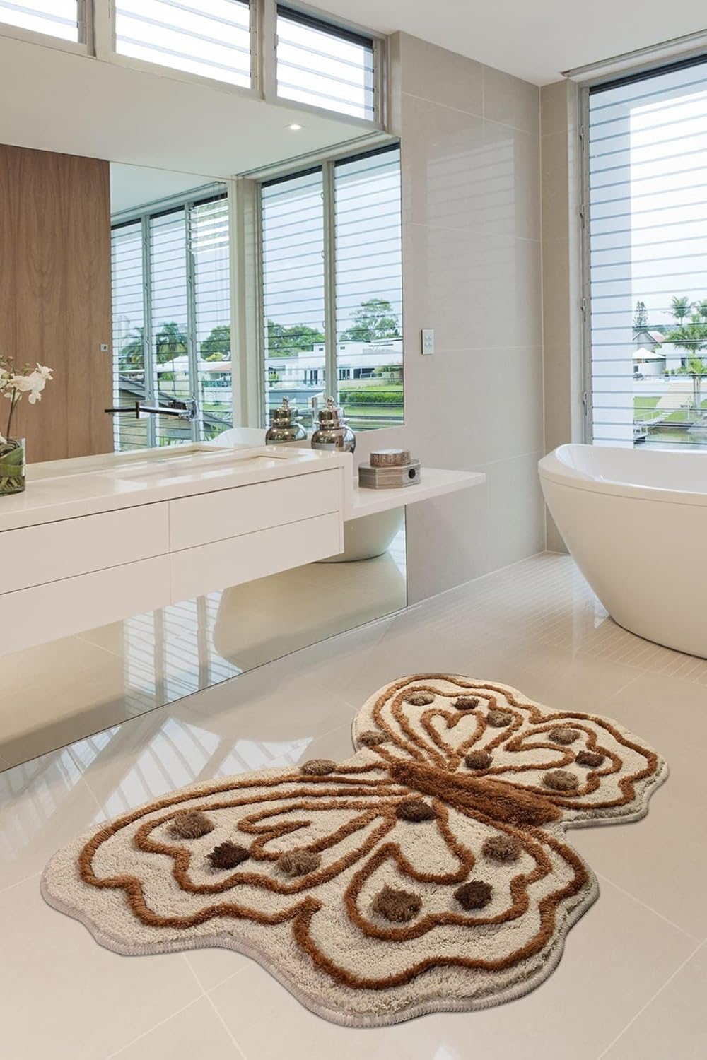 Chilai Kelebek Kahve 70x120 Cm Banyo Halısı Yıkanabilir, Kaymaz Taban Yıkanabilir, Kaymaz Taban