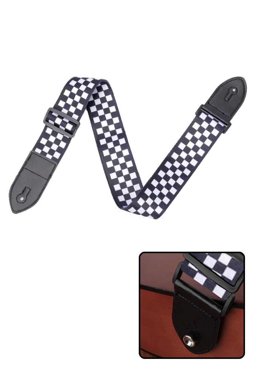 Midex SR-11WB Gitar Omuz Askısı, Siyah-Beyaz Renk Kare Desenli Uzunluk 90-143 cm