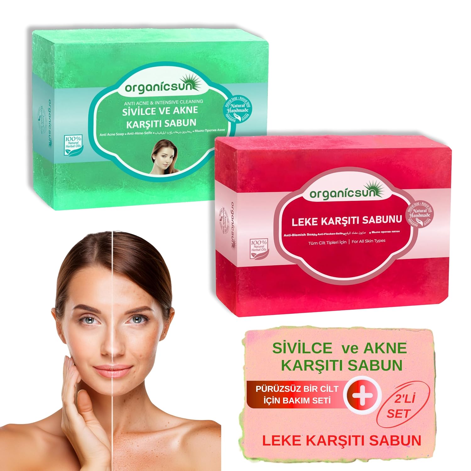 Organicsun 2'li Set Doğal Leke Karşıtı Sabun ve Sivilce ve Akne Karşıtı Sabun Yüz Sabun Seti