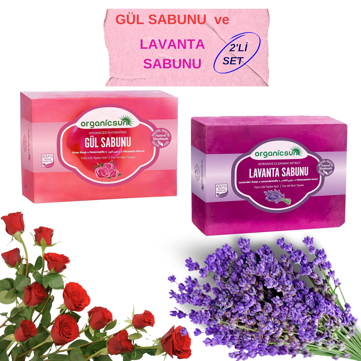 Organicsun 2'li Set Doğal Gül Sabunu ve Lavanta Sabunu