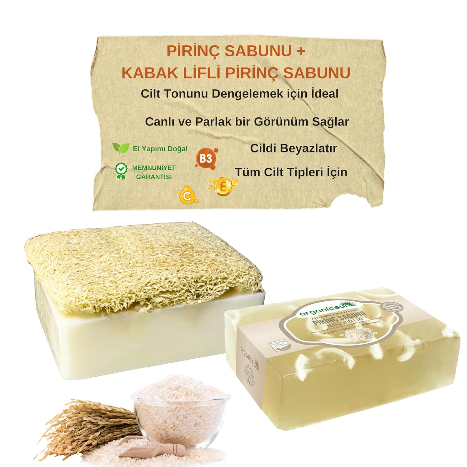 Organicsun 2'li Set Doğal Kabak Lifli Pirinç Sabunu ve Lifsiz Pirinç Sabunu