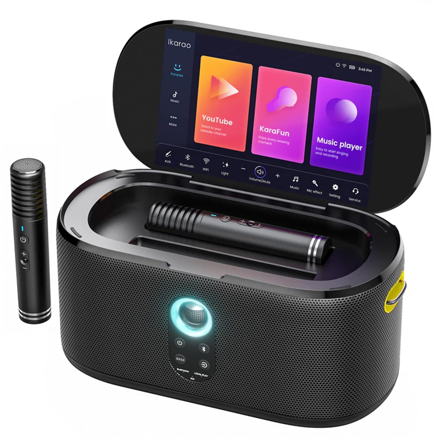 Ikarao Yetişkinler için Karaoke Makinesi, Şarkı Sözleri Ekranlı, 10.1 inç Ekran, 280W, 2+2 Kanal, 2 Kablosuz Mikrofon, Autotune EQ, Kendinden Şarjlı, KaraFun Prime ile Taşınabilir Ev Karaoke Sistemi