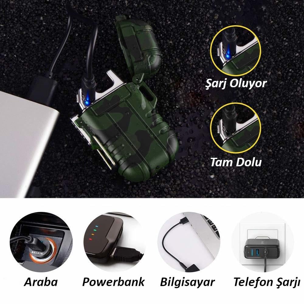 Valkyrie Su Geçirmez Şarjlı USB Çakmak Çift Ark Gazsız Plazma Elektrikli Alevsiz Çakmak Yeşil