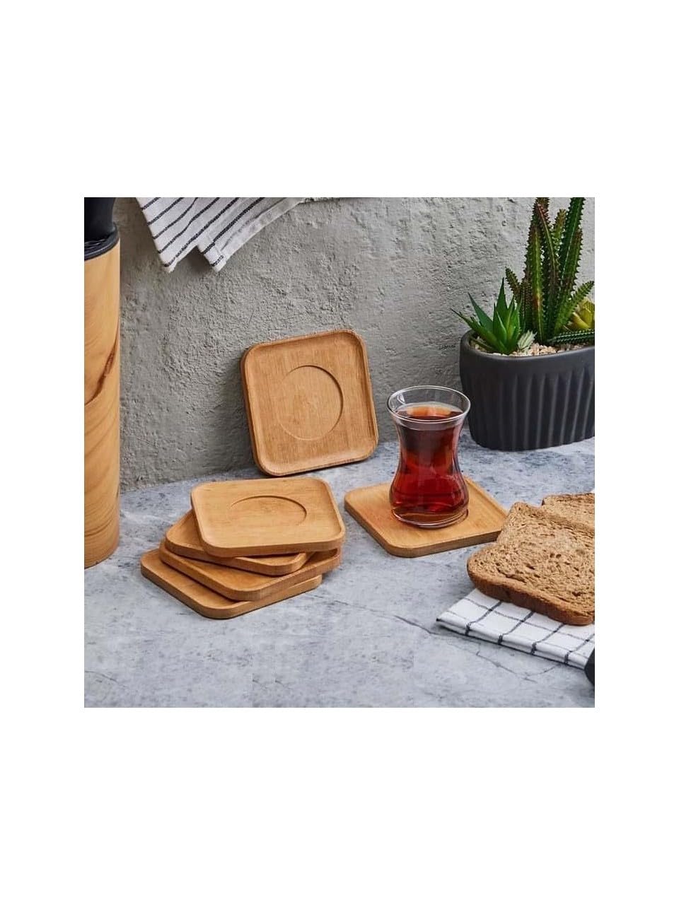 Orret Home 6Adet Bambu Çay Tabağı, Çay Bardağı Altlığı, Estetik Sunum Sunumluk, Doğal Malzeme, Çevre Dostu ve Şık Tasarım (Kare)