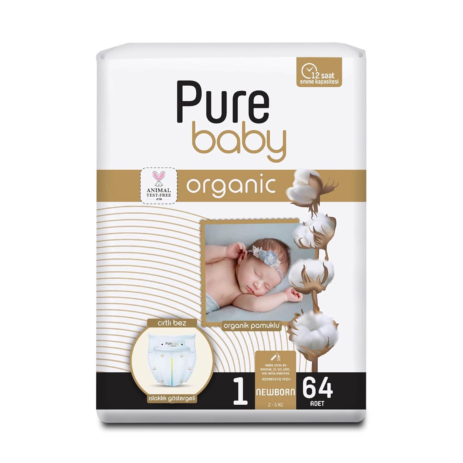 Pure Baby Organik Pamuklu Cırtlı Bez 4'Lü Paket 1 Numara Yenidogan 256 Adet