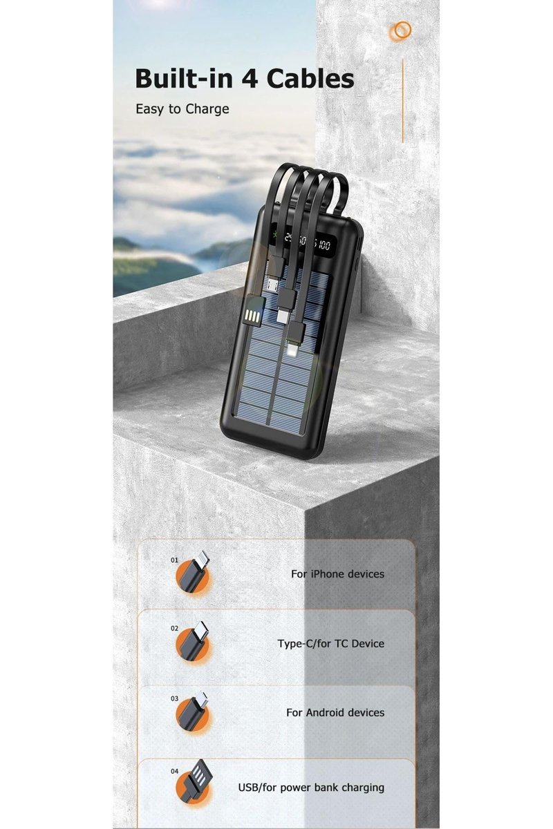 JUNGLEE (1465) 20000 mah solar powerbank güneş enerjili usb çıkışlı kablolu led ışıklı taşınabilir şarj ile uyumlu