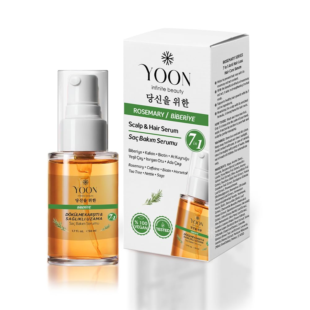 YOON Vegan Biberiye Saç Bakım Serumu - Saç Dökülme Karşıtı, Hızlı Saç Uzatan, Sülfat, Paraben ve Silikon İçermeyen, 7 Doğal Aktif İçerikli, Besleyici ve Güçlendirici Saç ve Saç Derisi Serumu 50ml