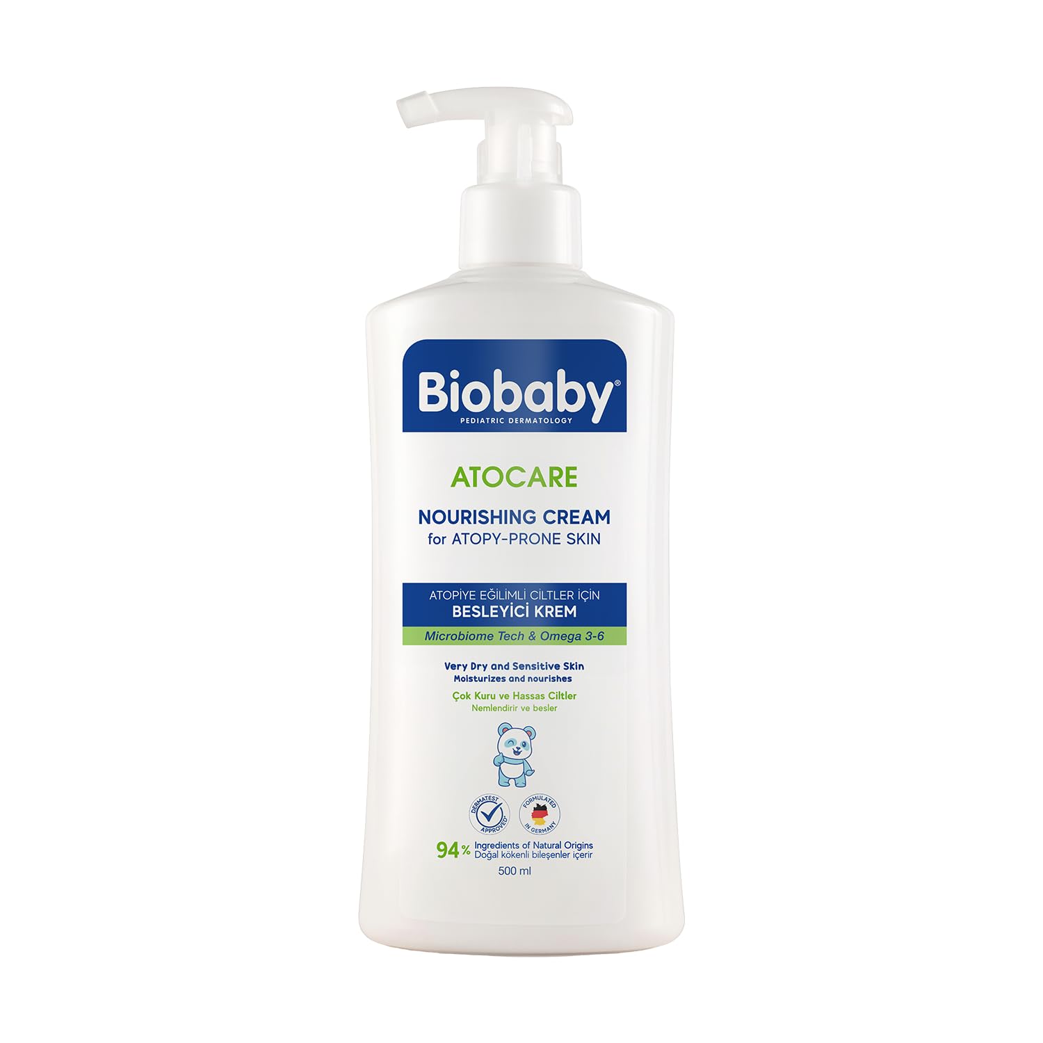Biobaby Atocare Bebek Kremi – Çok Kuru ve Atopiye Eğilimli Ciltler İçin – 500 ml Pompalı Şişe – Prebiyotik & Postbiyotik İçerikli Nemlendirici Bakım Kremi