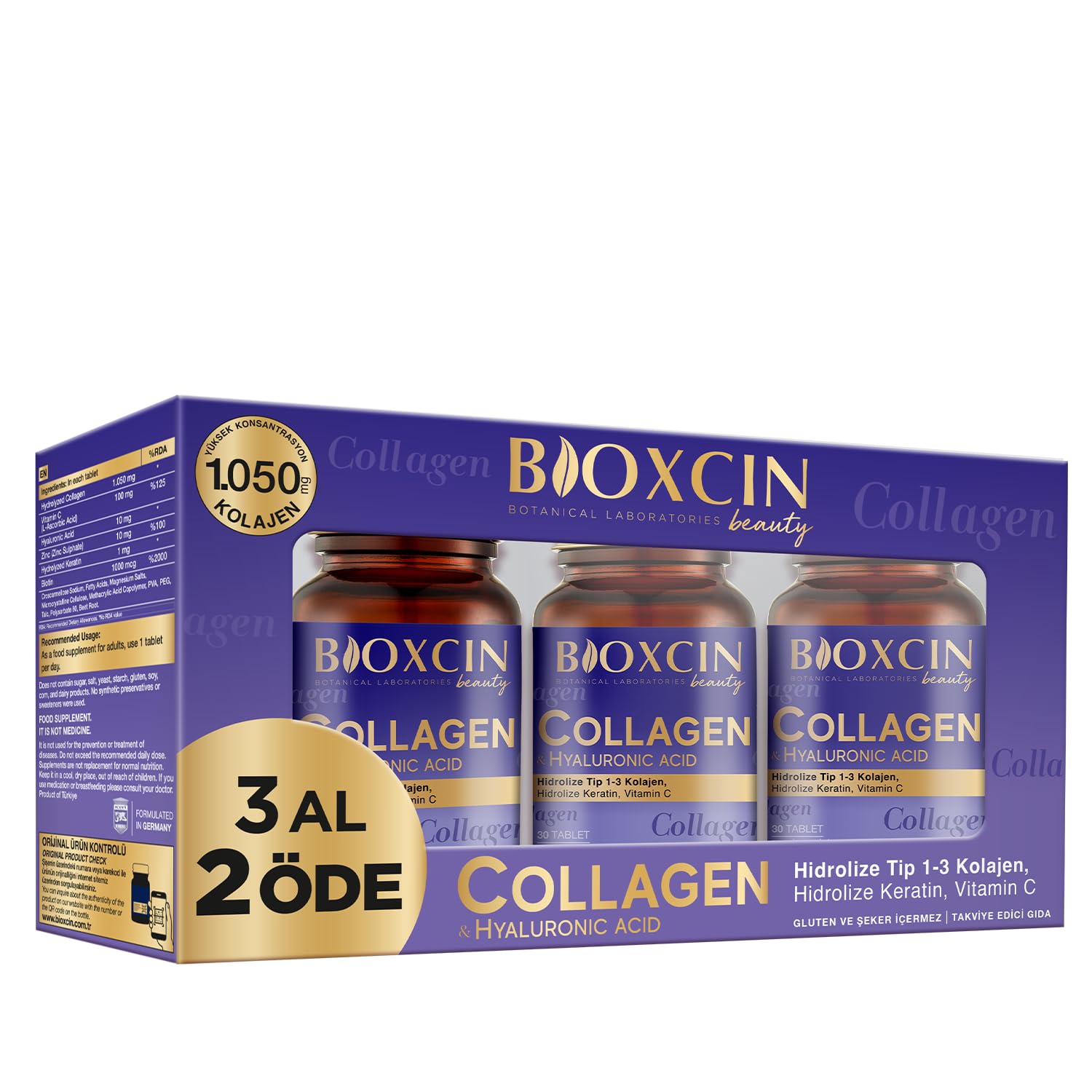 Bioxcin Beauty Collagen Tablet 3 Al 2 Öde – Tip 1 & Tip 3 Hidrolize Kolajen, Hyaluronik Asit, Keratin, Biotin, C ve E Vitamini İçerikli – 90 Tablet