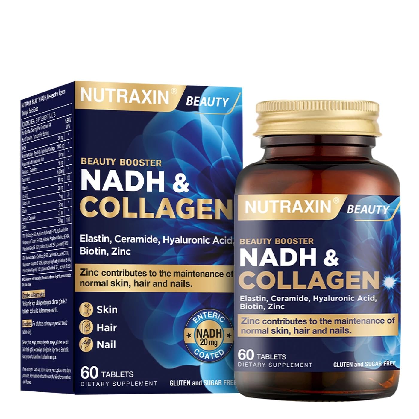 Nutraxin NADH & Collagen | Tip I-III Kolajen + NADH + Hyaluronik Asit | Cilt, Saç, Tırnak ve Enerji | 60 Tablet