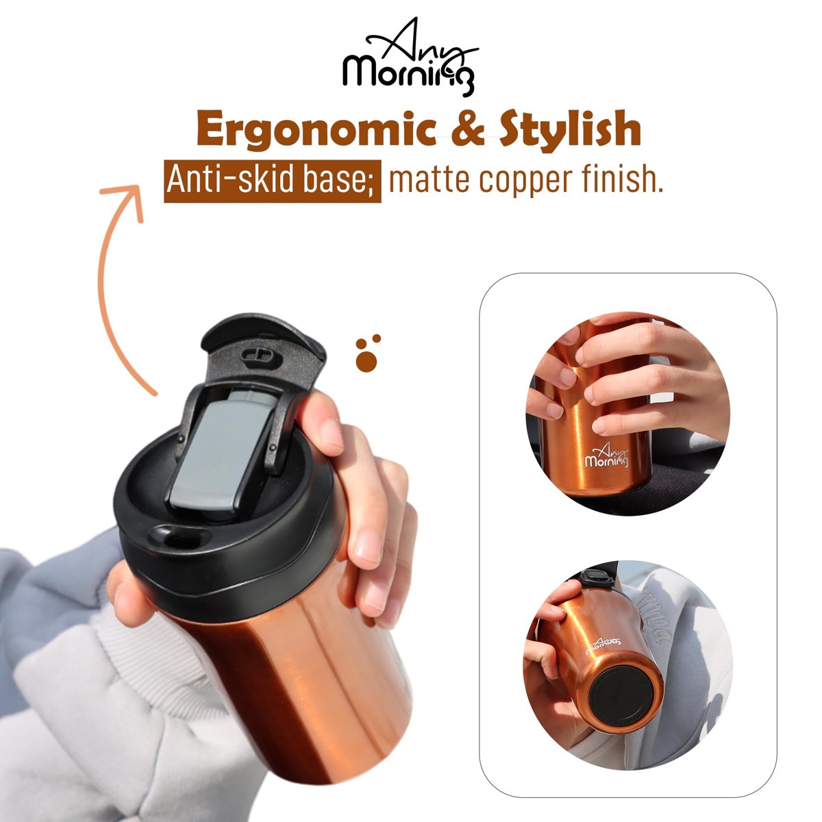Any Morning 400 ml Paslanmaz Çelik Termos Mug, Çift İşlevli Sızdırmaz kapaklı, Bakır SI232021