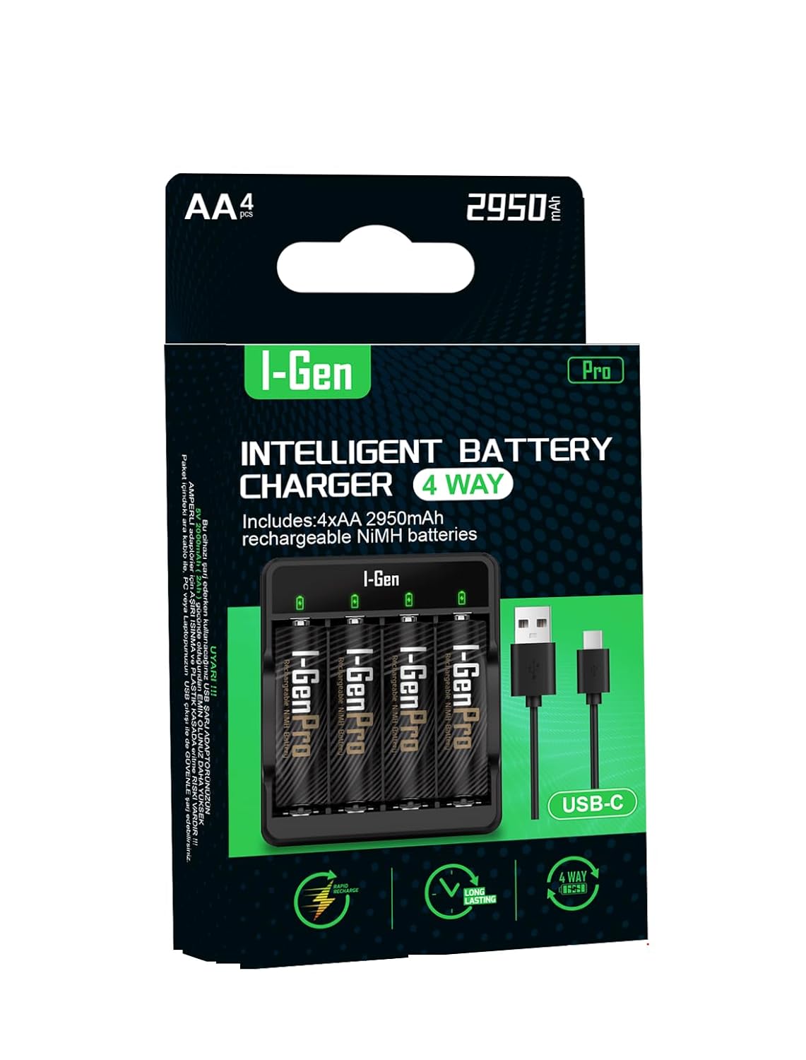 I-Gen G429 4'lü Pil Şarj Aleti + 4 Adet AA Pro 2950 mAh Şarjlı Kalem Pilli Set