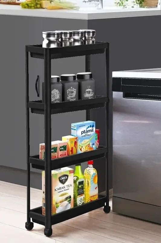 Sev Plastik 4 Katlı Tekerlekli Organizer Diktördgen Raf Ünitesi Siyah