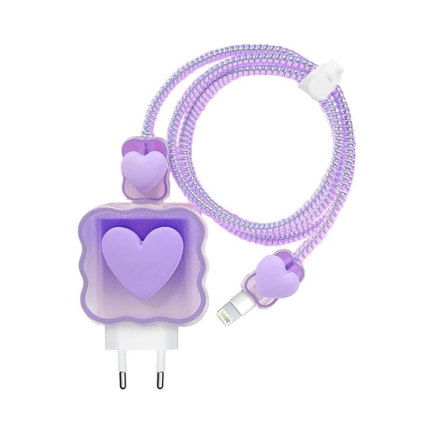 PSR Aksesuar Şarj Aleti Kılıfı & Kablo Koruyucu Set – iPhone 18W/20W Uyumlu | Adaptör Kılıfı, Kablo Düzenleyici, Şarj Ucu Koruyucu – 4'lü Set (Lila Kalp)
