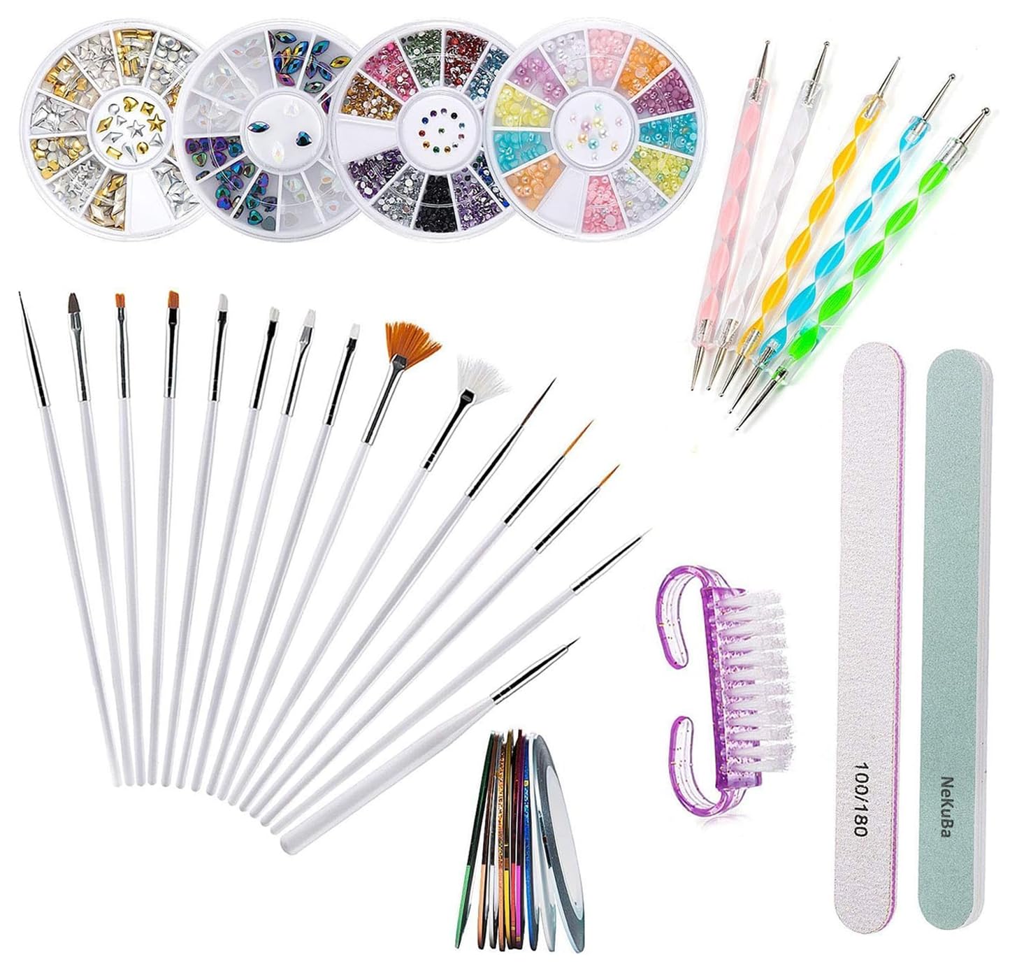 NeKuBa Tırnak Süsleme sanatı tasarım seti, 37 adet tırnak sanatı seti, tırnak fırçası, şerit bant, noktalama kalemi, suni elmas taşlar, Tırnak Süsleri