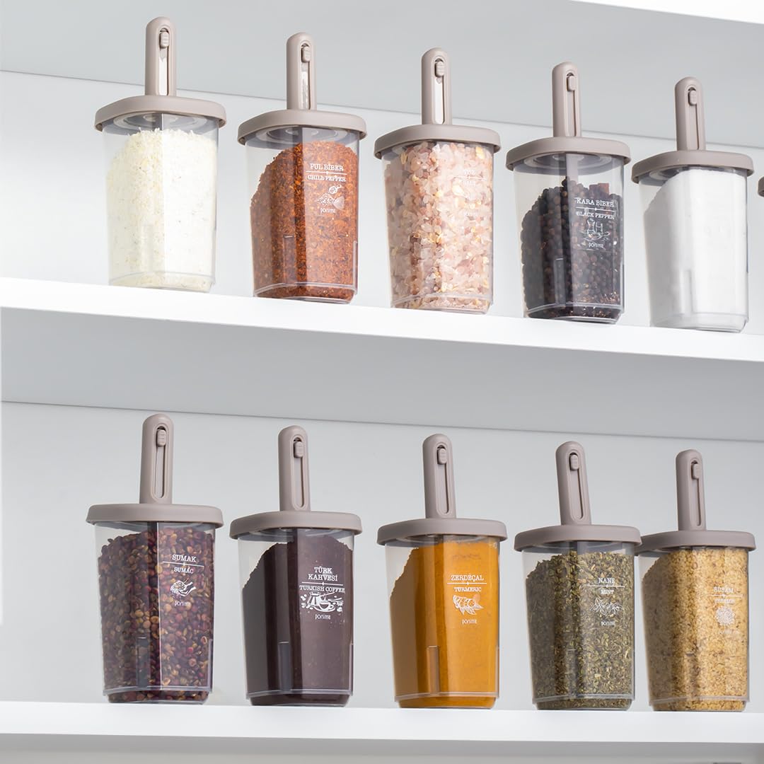 Porsima 1105 Kaydırmalı Kaşıklı Sızdırmaz Kapaklı Etiketli Yağdanlıklı 14'lü Baharatlık Seti Cappuccino