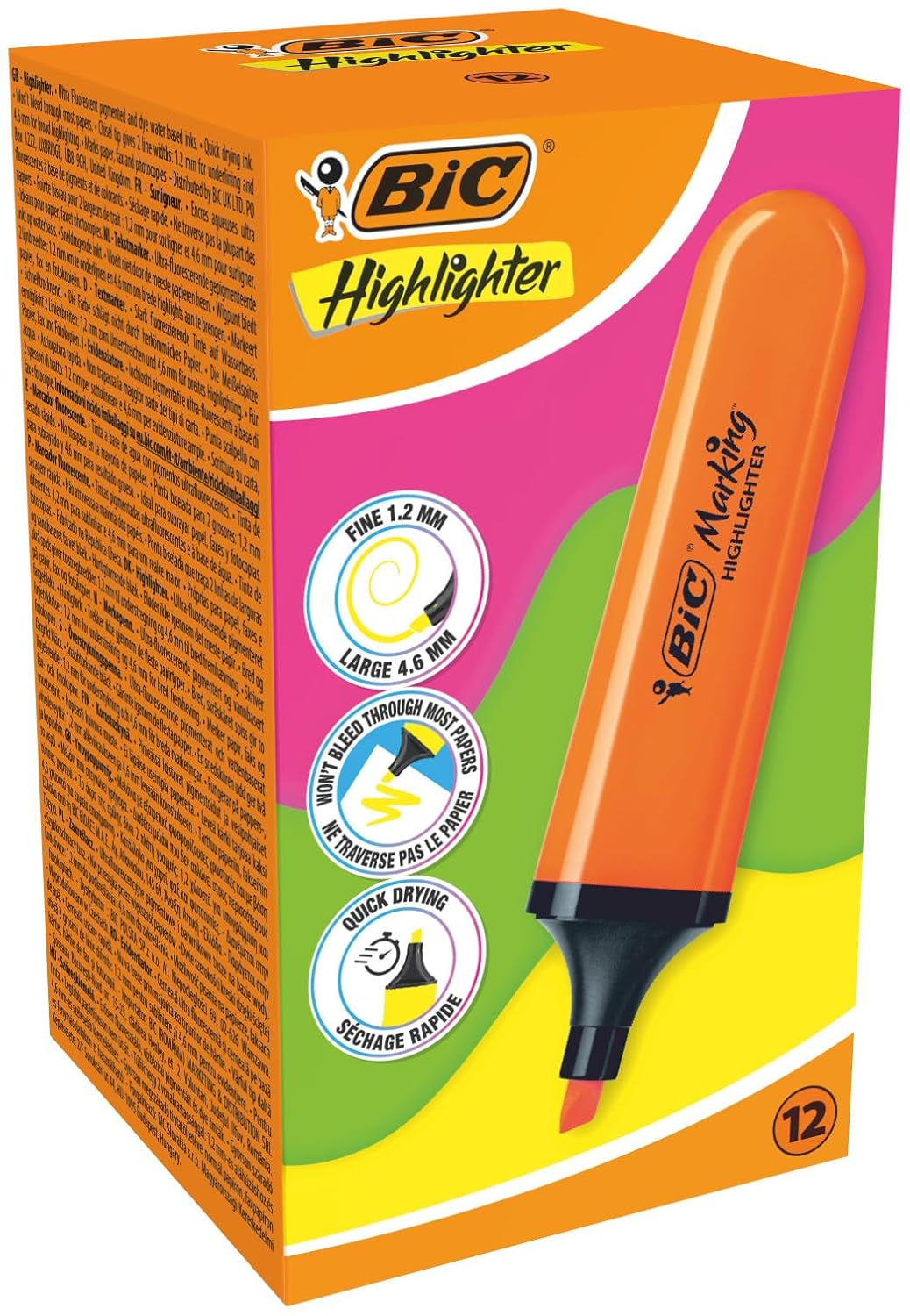 BIC Marking Flat Higlighter Fosforlu Kalem 12'li Kutu, Turuncu Fosforlu Kalem, Su Bazlı, Hızlı Kuruyan Mürekkep