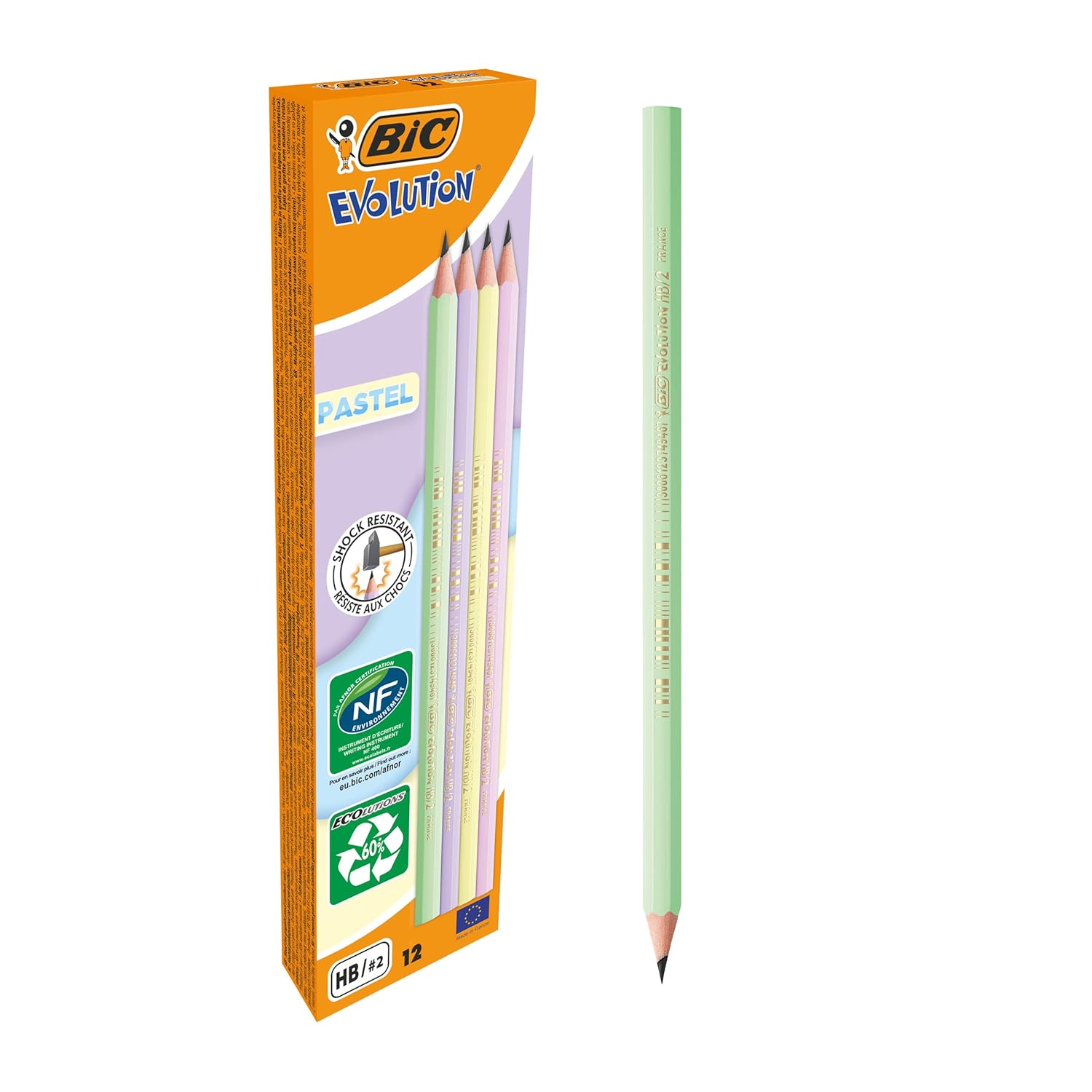BIC Evolution Pastel Kurşun Kalem, 12'li Kutu, Kıymık Oluşturmaz, Çiğnemeye Karşı Dayanıklı, Kolay Açılır