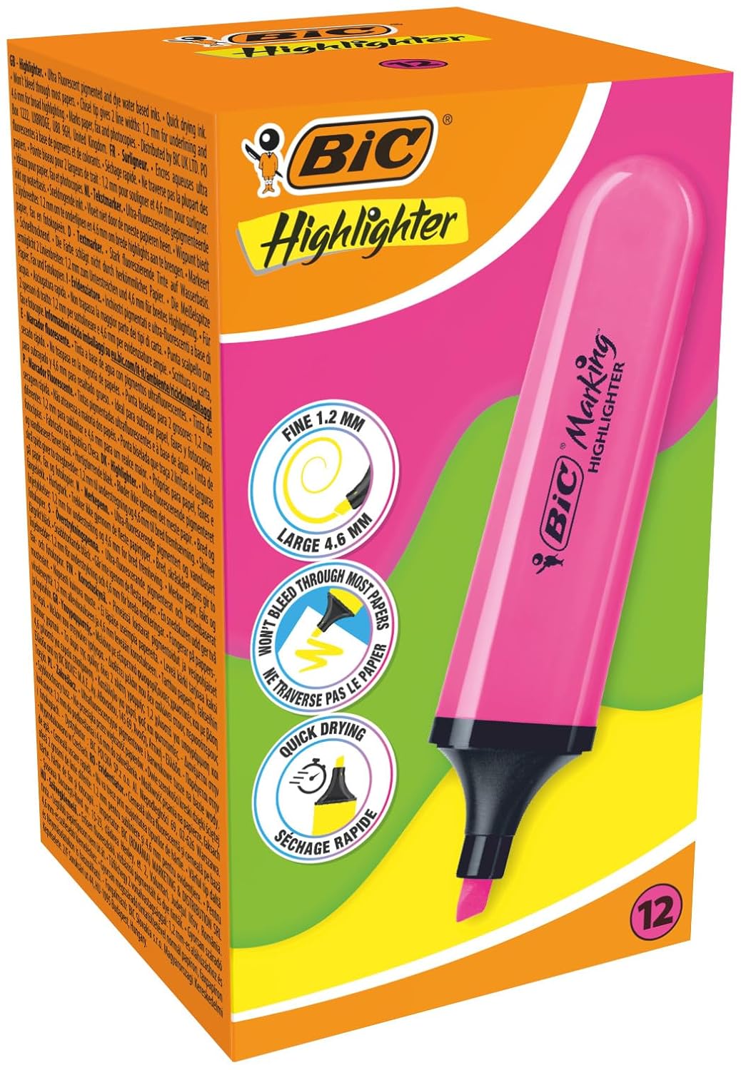 BIC Marking Flat Higlighter Fosforlu Kalem 12'li Kutu, Pembe Fosforlu Kalem, Su Bazlı, Hızlı Kuruyan Mürekkep