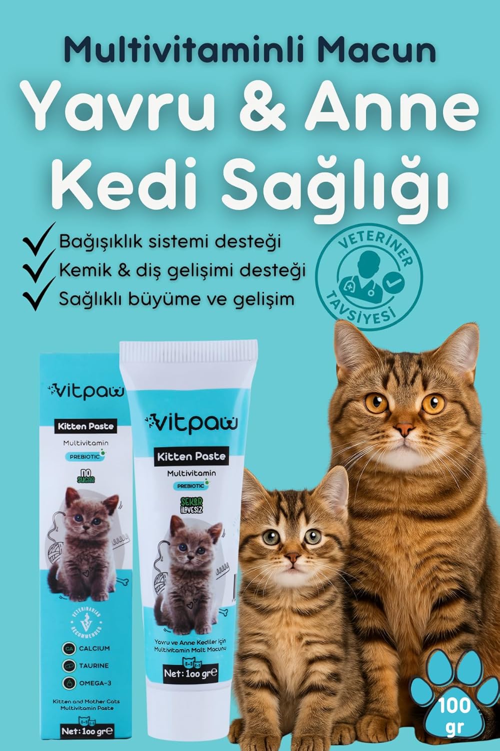 vitpaw Kitten Paste 100 Gr.(YAVRU & ANNE KEDİ BAĞIŞIKLIK DESTEKLEYİCİ MULTİVİTAMİN MALT) Yavru Kedi Vitamin