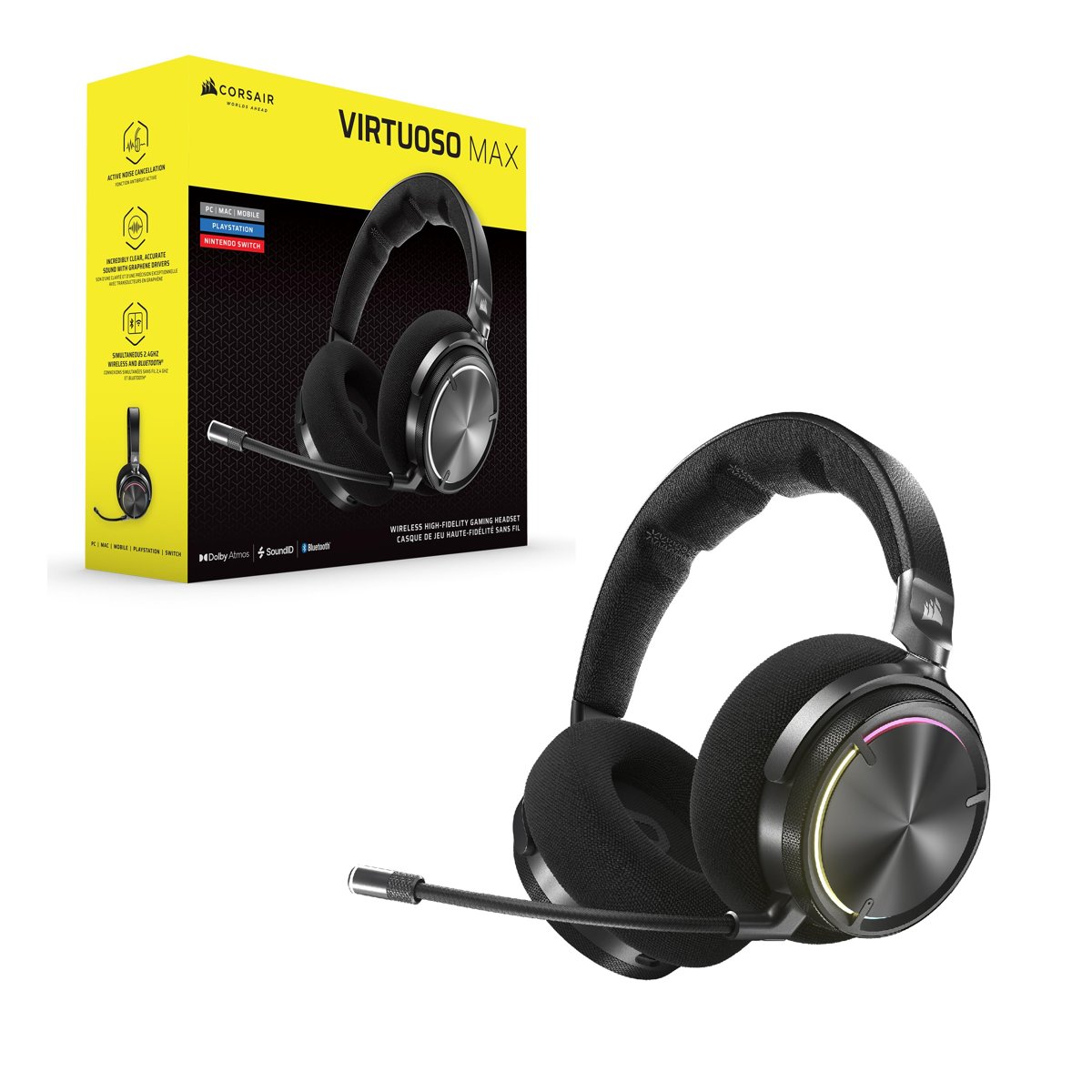 Corsair Virtuoso MAX Kablosuz Oyun Kulaklığı - Dolby Atmos, Sonarworks SoundID, 2.4GHz Kablosuz, Bluetooth, Gürültü Engelleme, Çok Yönlü Mikrofon, 50mm Grafen Sürücüler, PC, PS5 - Karbon