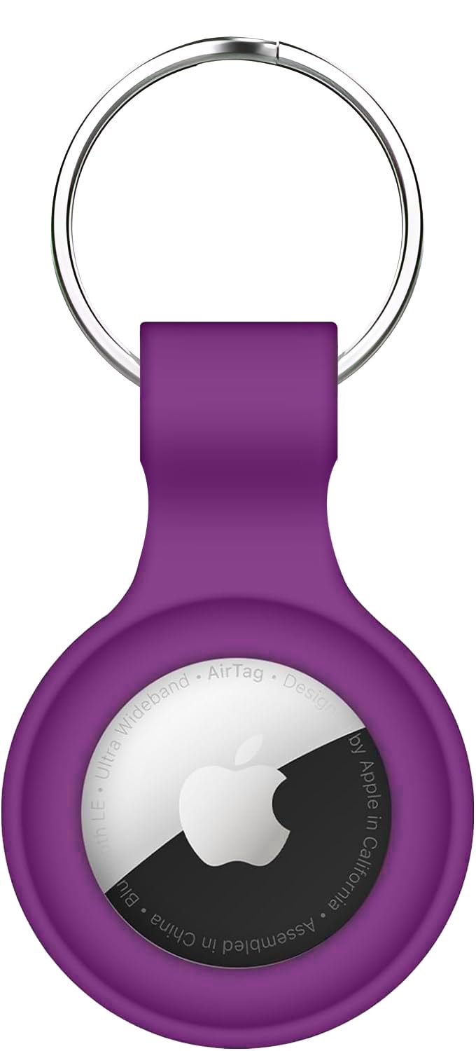 Minesk Airtag için Koruyucu, Karabinalı, Cihaza Tam Oturan Yumuşak Silikon Kılıf ve Anahtarlık (Mor)