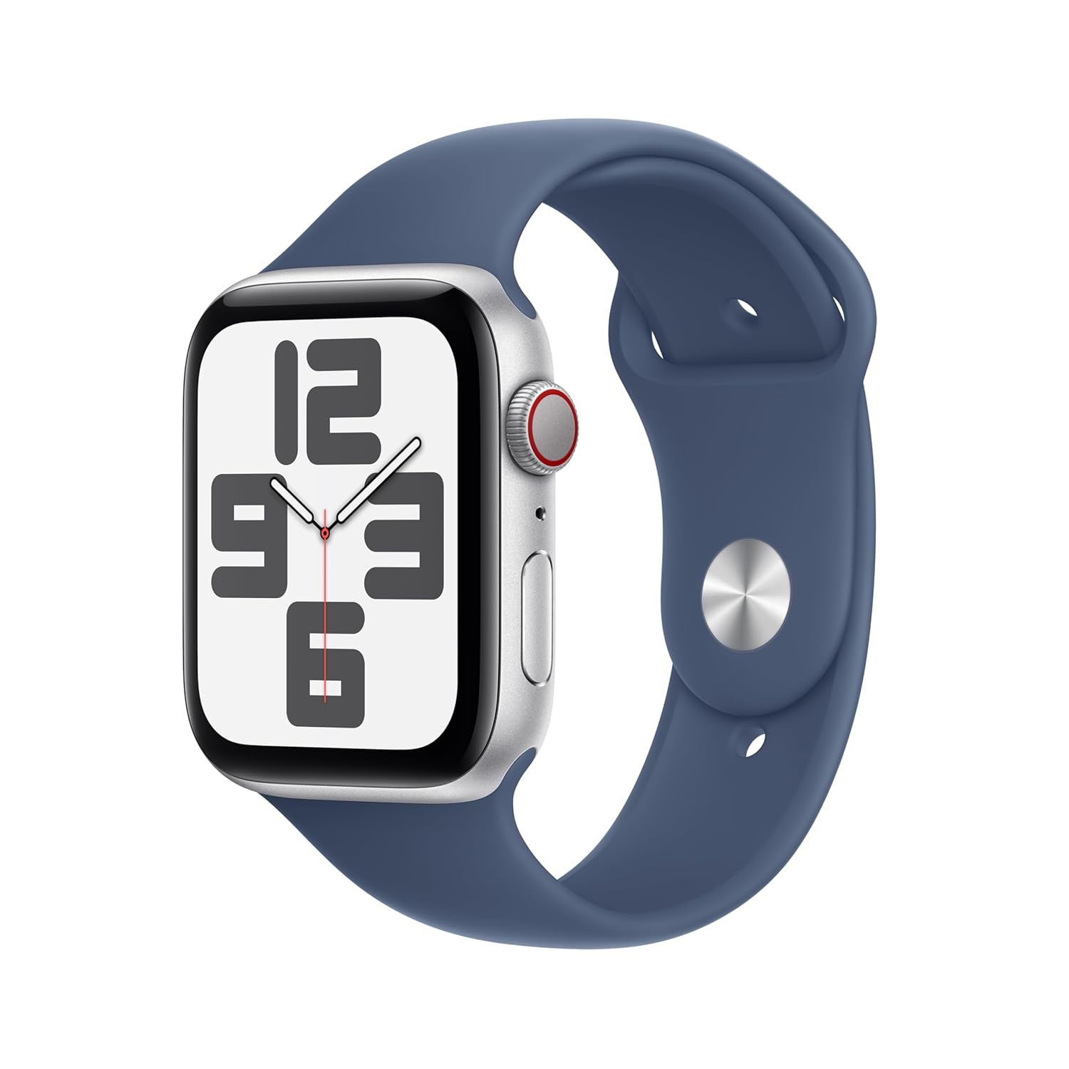 Apple Watch SE (2. nesil) GPS + Cellular 44 mm Gümüş Rengi Kasa Akıllı Saat ve Kot Rengi Spor Kordon - S/M. Fitness ve Uyku Takibi, Trafik Kazası Algılama, Kalp Atış Hızı Takibi, Retina Ekran