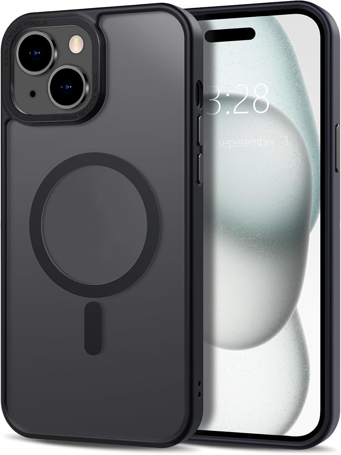 GGM AKSESUAR iPhone 13 için Magsafe ile Uyumlu Arka Kısmı Mat Şeffaf Kenarları Silikon Yapılı Kamera Lens Yükseltili Güçlendirilmiş Mıknatıslı Wireless Kablosuz Şarj Destekli Kılıf (Siyah)