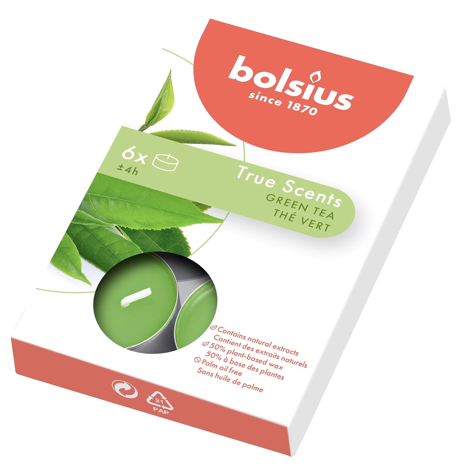 Bolsius Kokulu Tealight Mum, Yeşil Çay Kokulu, Yeşil Renkli, 6'lı Paket, 4 Saatlik Yanma Süresi - Ev Mumu - İç Dekorasyon - Doğal Özler - Doğal Vegan Balmumu İçerir - Palmiye Yağı İçermez