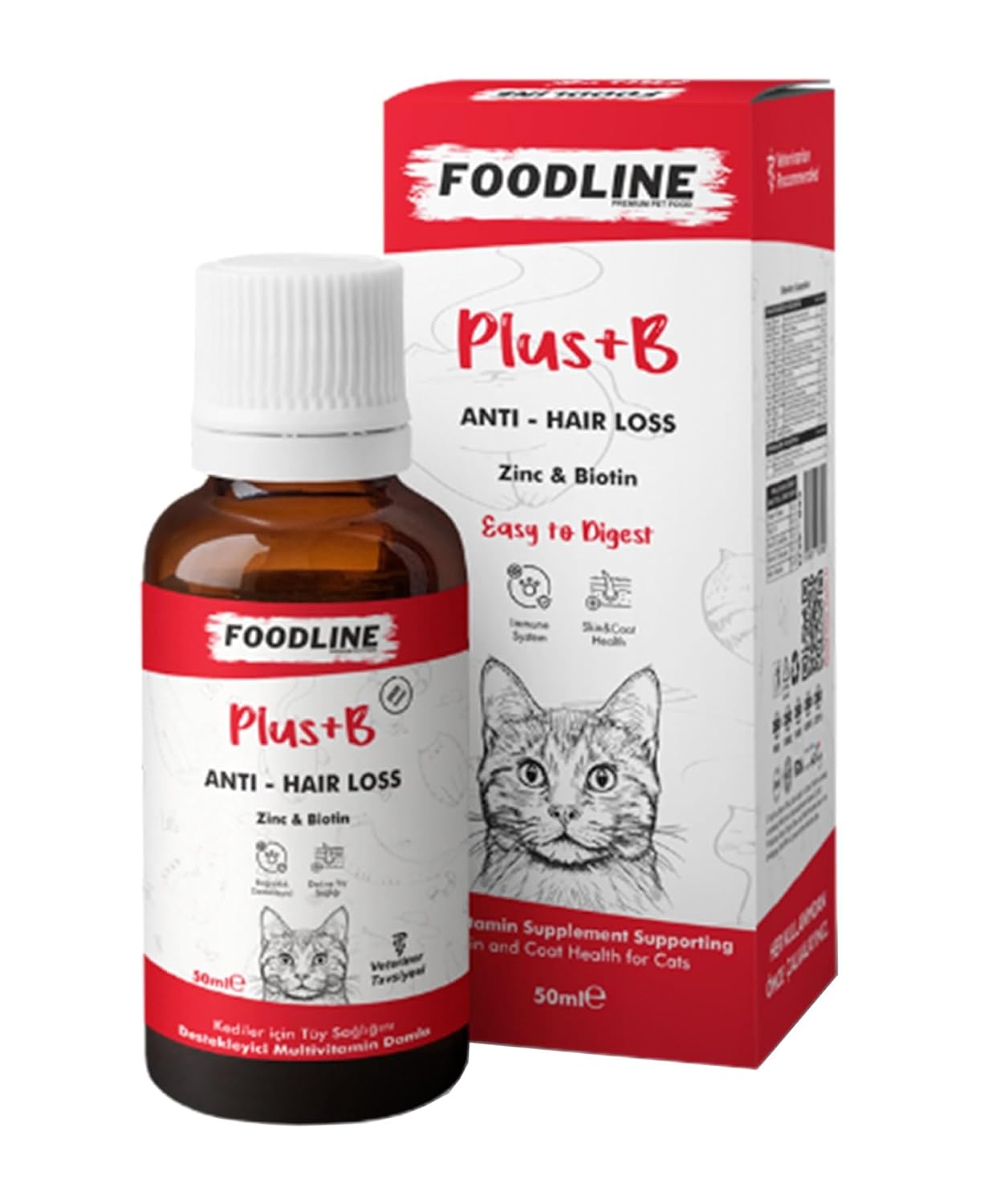 Foodline Kediler için Plus +B Damla 50 ml, Tüy Sağlığını Destekleyici Biotinli Multivitamin