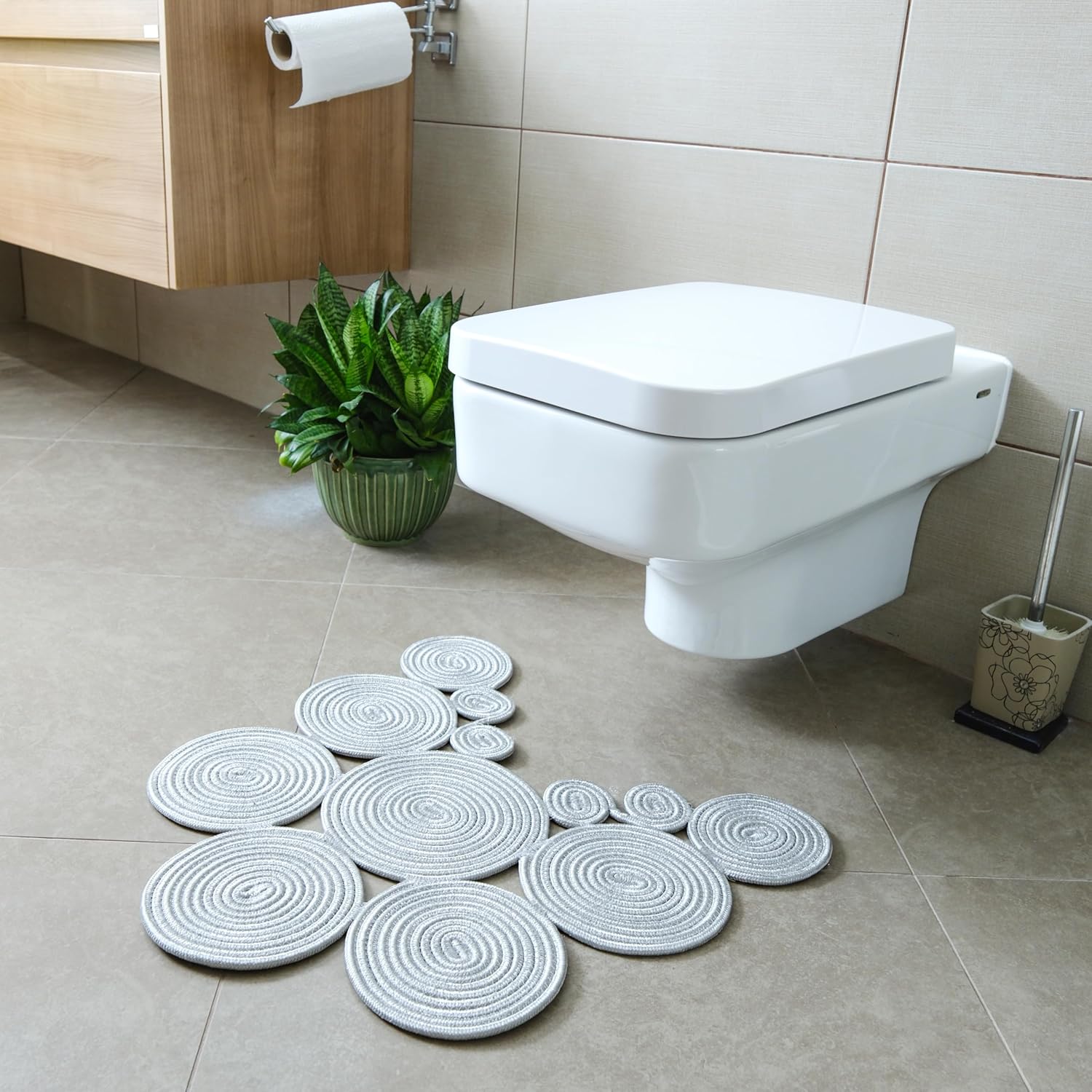 Bohem Tarz Jüt Klozet Önü Paspası - Doğal Jüt, Yıkanabilir ve Dayanıklı Halı, Şık ve Dekoratif Banyo Matı (Gri)