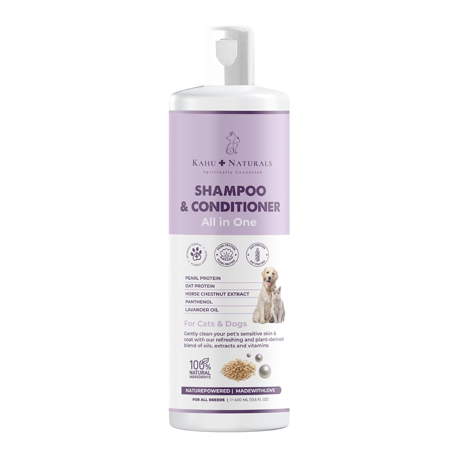 Kahu Naturals All in One Şampuan Nemlendirici, Köpek ve Kedi, İnci ve Yulaf Proteini, At Kestanesi, Pantenol,%100 Doğal, 400 ml
